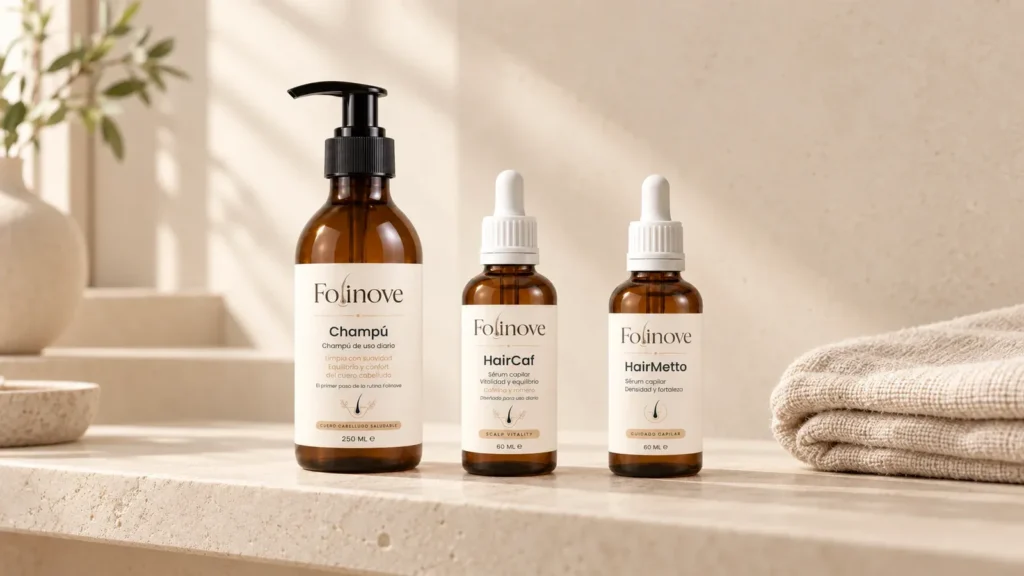 Champú, HairCaf y HairMetto de Folinove sobre la encimera de un baño con luz natural