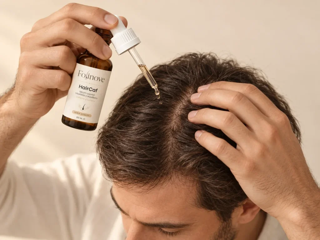 Hombre aplicando HairCaf con el gotero sobre el cuero cabelludo