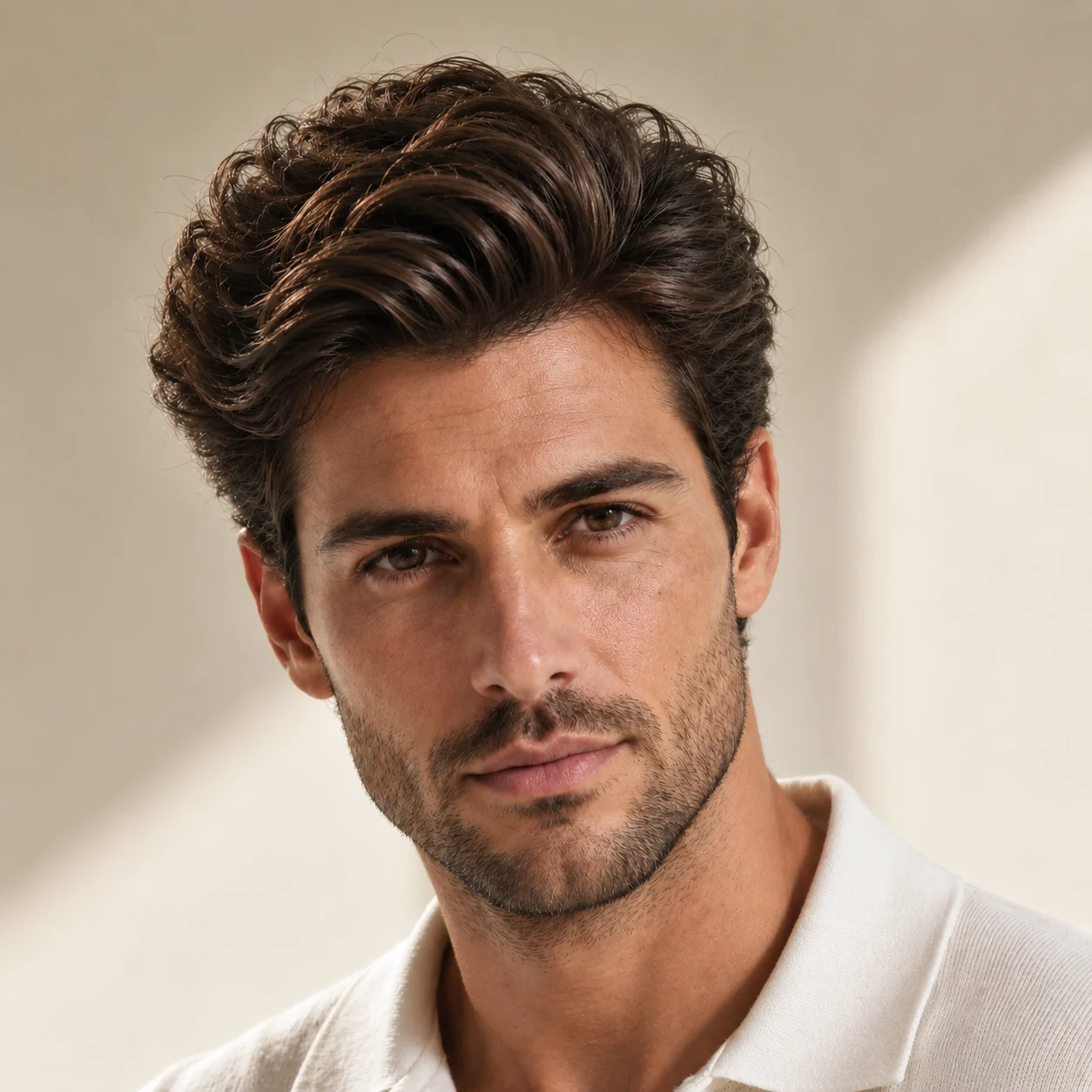 Hombre con cabello castaño peinado hacia atrás