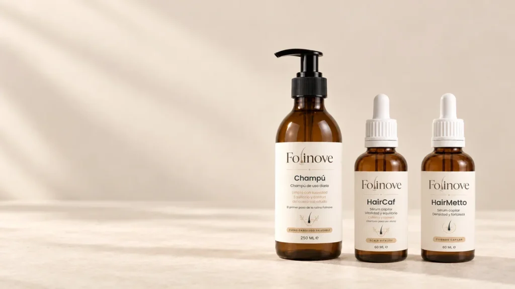 Champú, HairCaf y HairMetto de Folinove sobre fondo crema