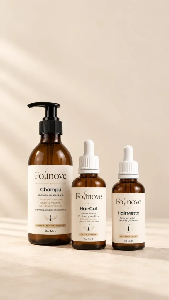 Champú, HairCaf y HairMetto de Folinove sobre fondo crema