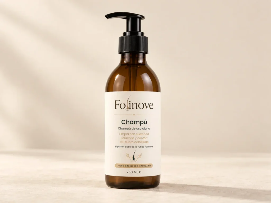 Frasco de champú Folinove con dosificador, vista frontal
