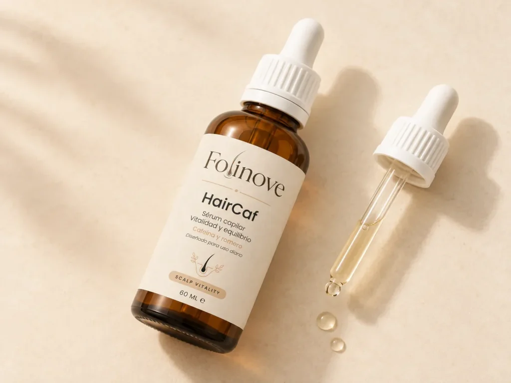 Frasco de HairCaf junto a su gotero con unas gotas de sérum