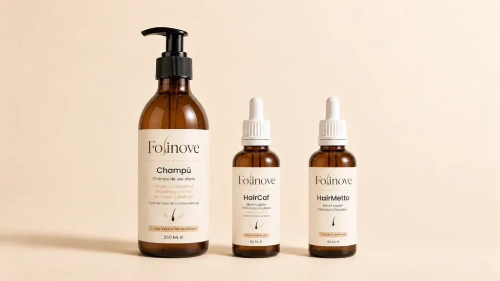 Champú, HairCaf y HairMetto de Folinove en fila