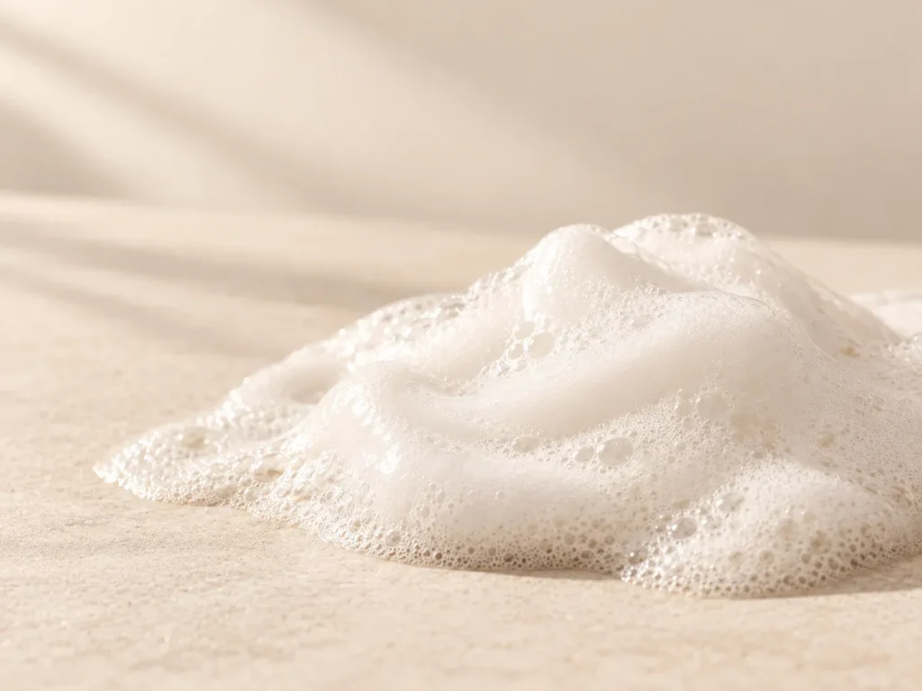 Textura de la espuma del champú sobre una superficie clara