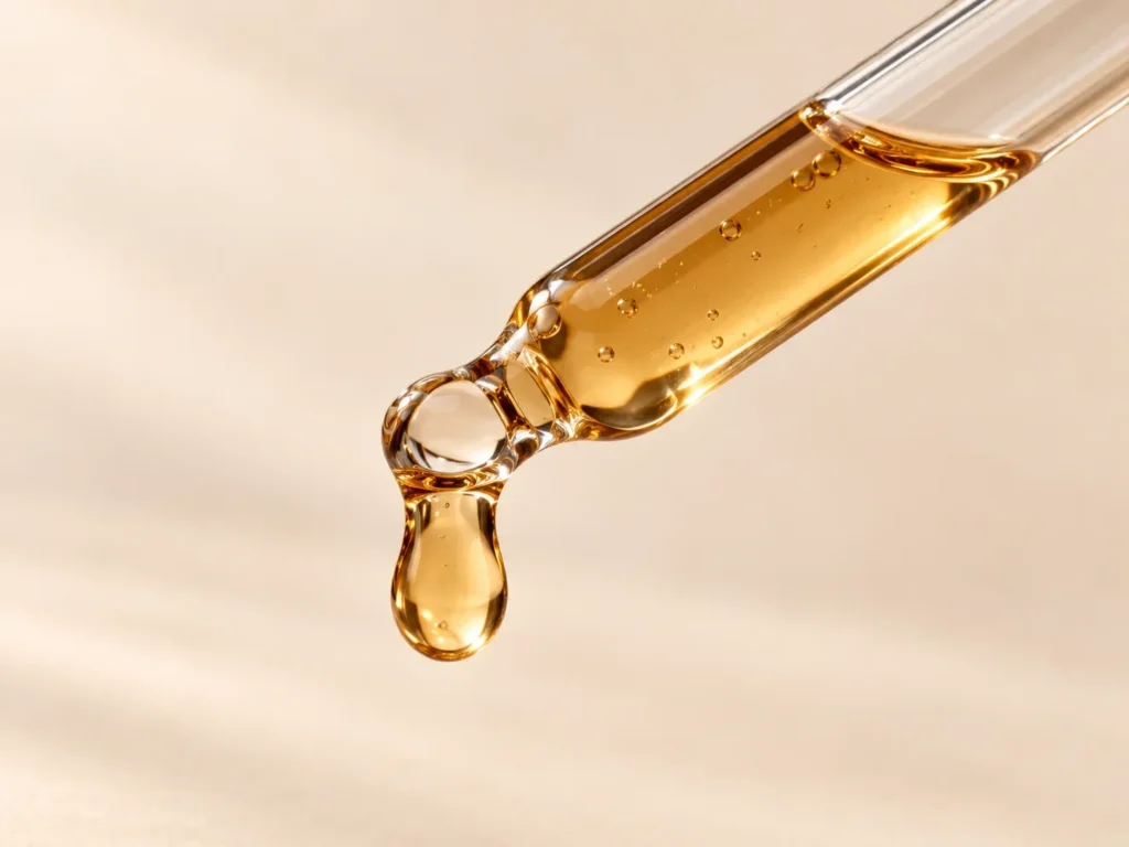 Gotero con sérum ámbar en primer plano