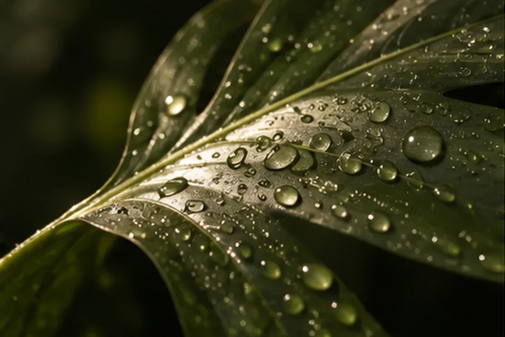 Hoja verde con gotas de agua