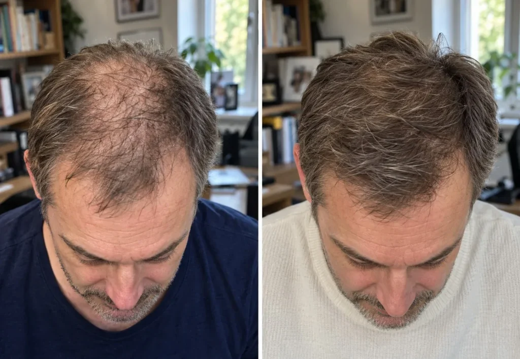 Coronilla de un hombre en dos fotografías, antes y después