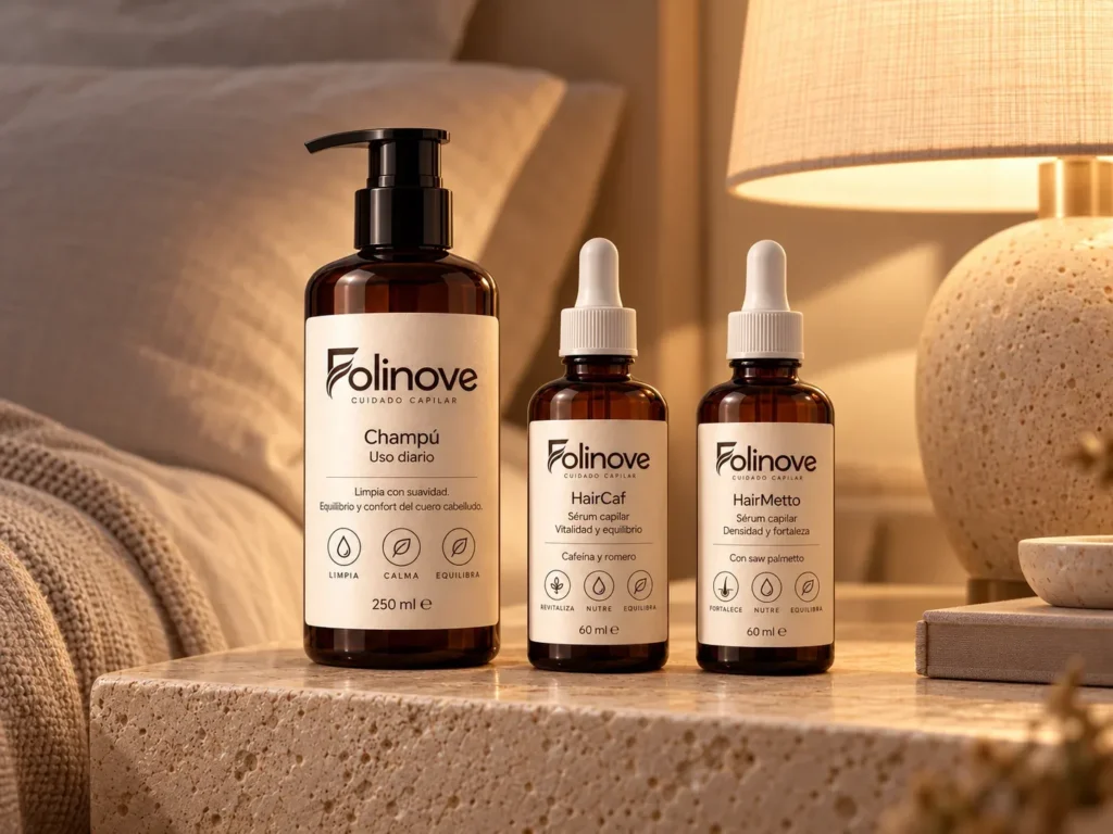 Los tres productos Folinove sobre una mesilla de noche con luz cálida