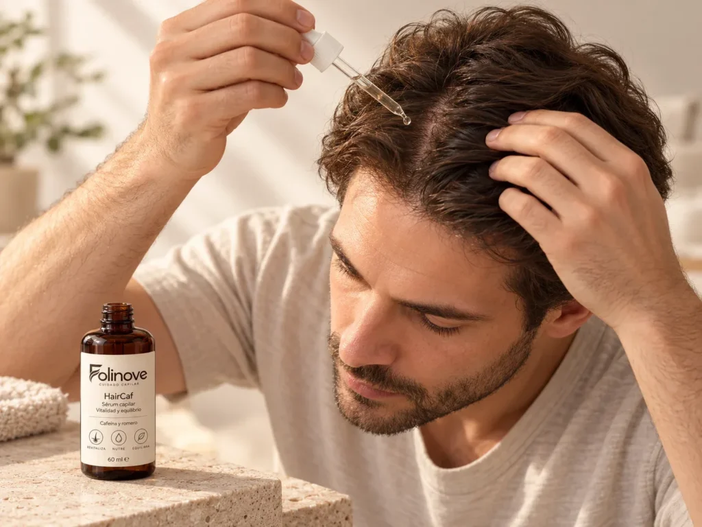 Hombre aplicándose un sérum en el cuero cabelludo, con el frasco de HairCaf al lado