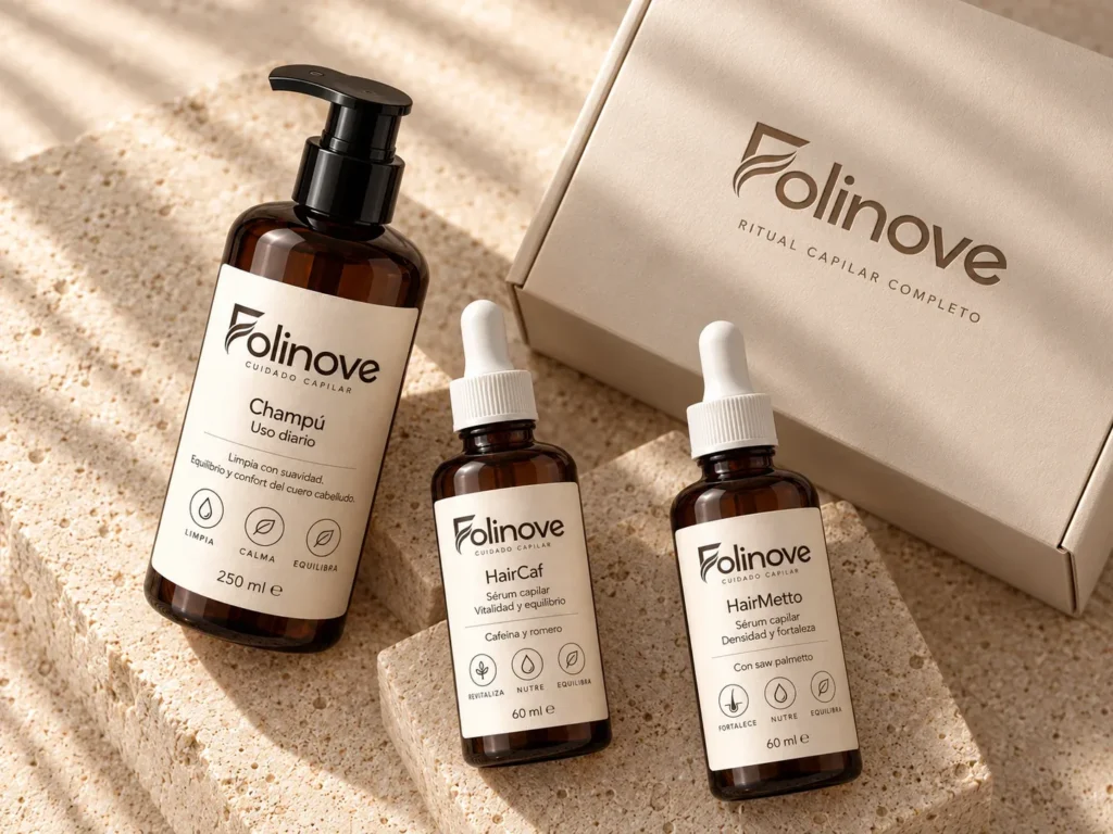 Champú, HairCaf y HairMetto de Folinove junto a su caja, vista en ángulo