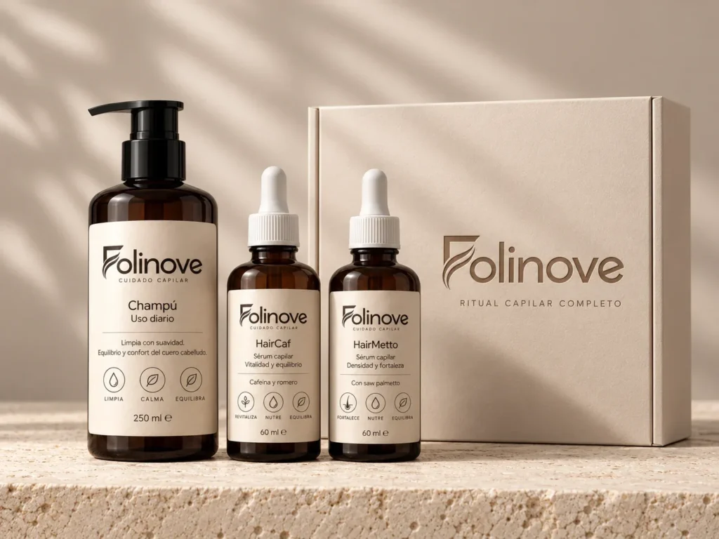 Champú, HairCaf y HairMetto de Folinove junto a su caja