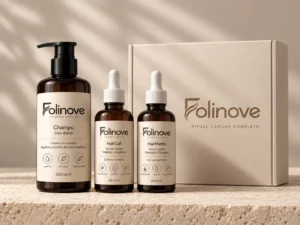 Champú, HairCaf y HairMetto de Folinove junto a su caja